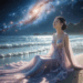 Éveil de l’âme stellaire, une jeune femme alignée à son véritable soi contemple les étoiles