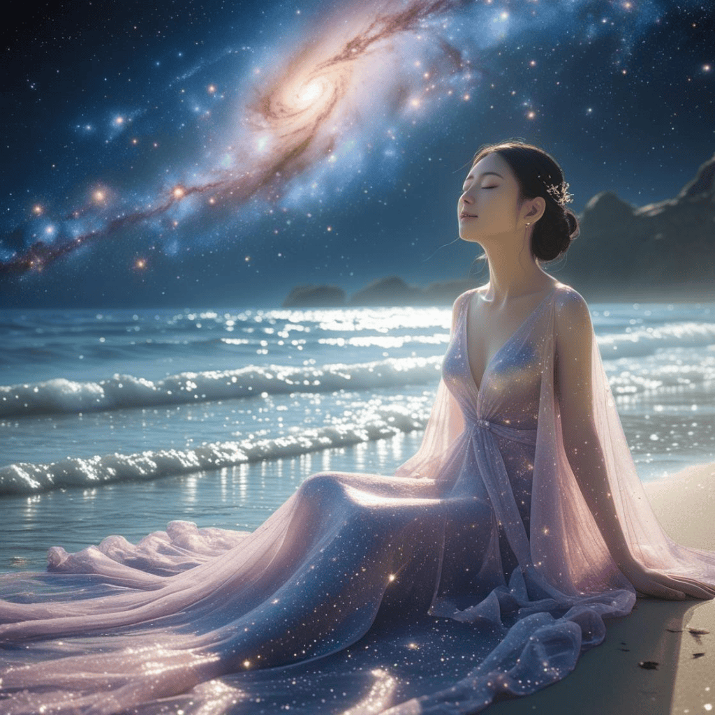 Éveil de l’âme stellaire, une jeune femme alignée à son véritable soi contemple les étoiles