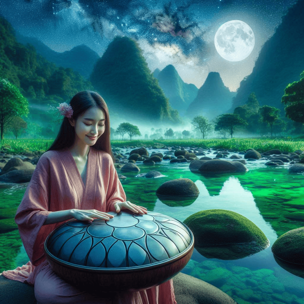 Handpan Meditation pour Calmer le Mental une jeune femme joue du handpan au bord d'une rivière